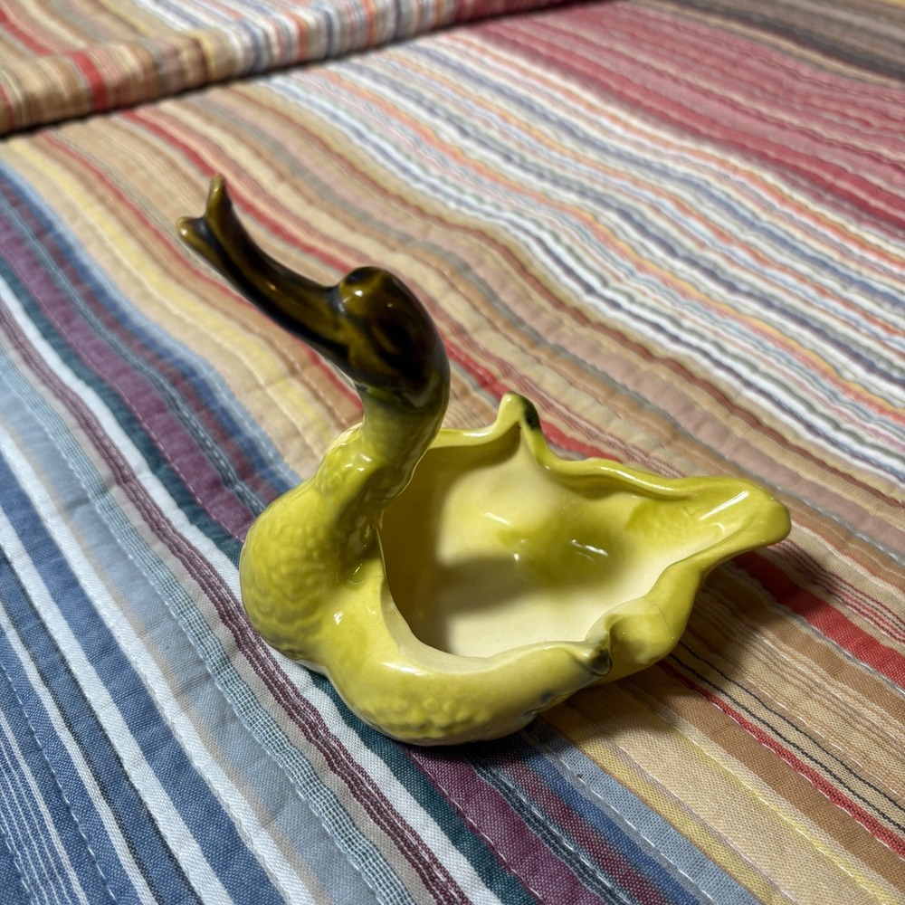 Vintage Ceramic Swan Ashtray Chartreuse Yellow Green Drip Glaze Mid Century MCM
